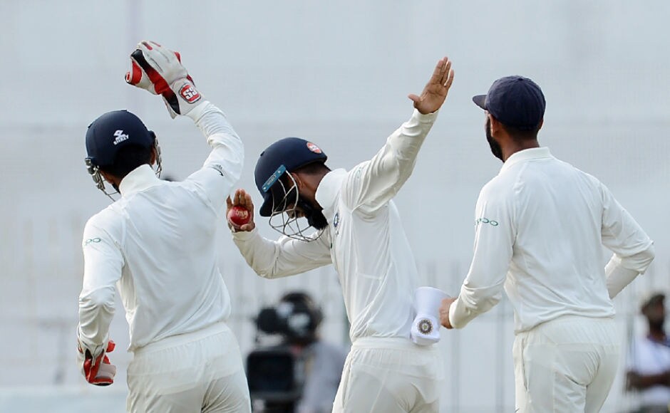 KL Rahul dabs after holding onto a spectacular catch at short leg to get rid off Sri Lanka's Dimuth Karunaratane off Ashwin's bowling. The ball was hit straight into the mid-rift and Rahul did well to hang on to it. AFP KL Rahul dabs after holding onto a spectacular catch at short leg to get rid off Sri Lanka's Dimuth Karunaratane off Ashwin's bowling. The ball was hit straight into the mid-rift and Rahul did well to hang on to it. AFP