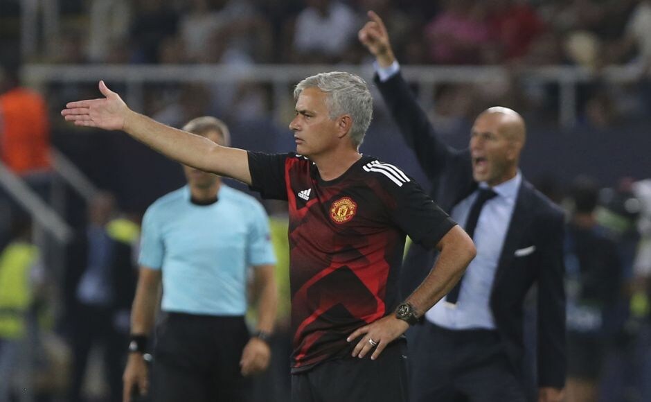 Manchester United manager Jose Mourinho and Real Madrid manager Zinedine Zidane give instructions to their players during the match. It was Zidane's second consecutive Super Cup title. For United coach Jose Mourinho, it was a third failed attempt to add the trophy to his collection. AP Manchester United manager Jose Mourinho and Real Madrid manager Zinedine Zidane give instructions to their players during the match. It was Zidane's second consecutive Super Cup title. For United coach Jose Mourinho, it was a third failed attempt to add the trophy to his collection. AP