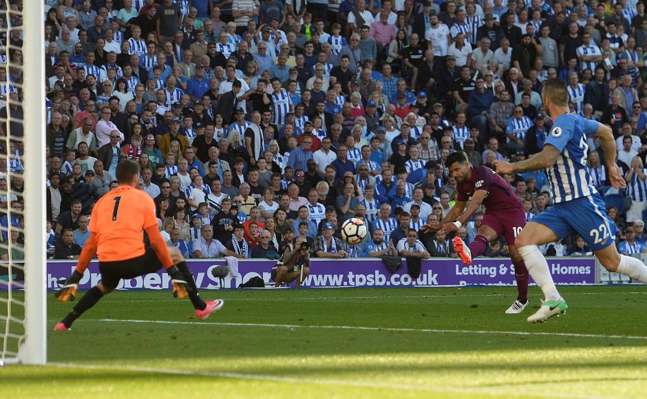 Manchester City's Sergio Aguero scores their first goal against Brighton & Hove Albion. Pep Gaurdiola's side cruised to a 2-0 win in their Premier League opener. Reuters Manchester City's Sergio Aguero scores their first goal against Brighton & Hove Albion. Pep Gaurdiola's side cruised to a 2-0 win in their Premier League opener. Reuters