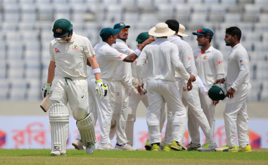Australia's captain Steve Smith walked back to the pavilion after he was dismissed caught behind by Bangladesh's Shakib Al Hasan. AP Australia's captain Steve Smith walked back to the pavilion after he was dismissed caught behind by Bangladesh's Shakib Al Hasan. AP