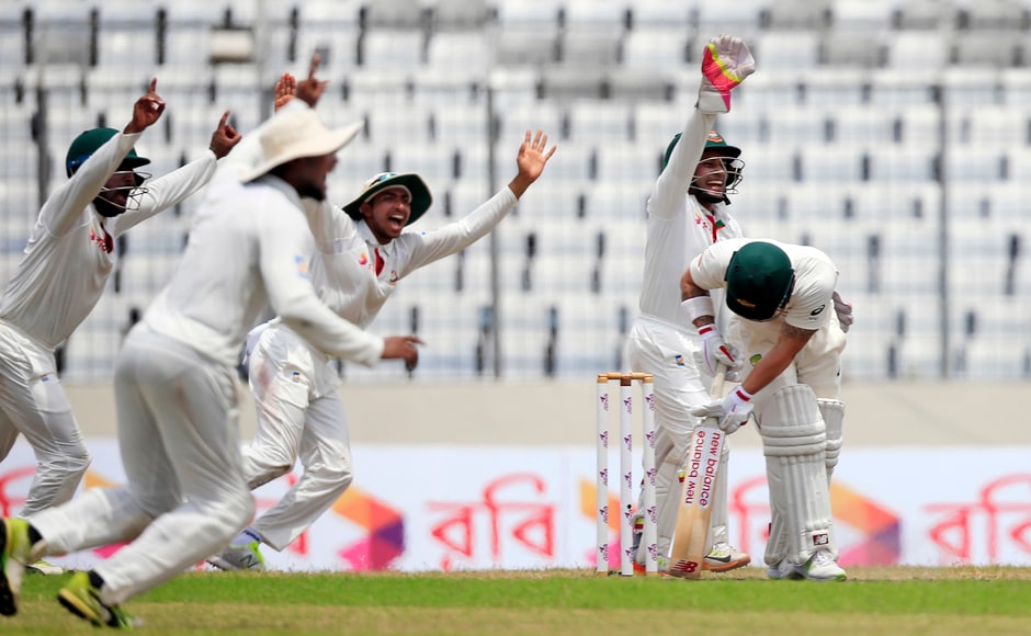 Bangladesh attacked with players surrounding the bat as Australia's wicketkeeper Matthew Wade became another of Shakib's victim. AP Bangladesh attacked with players surrounding the bat as Australia's wicketkeeper Matthew Wade became another of Shakib's victim. AP