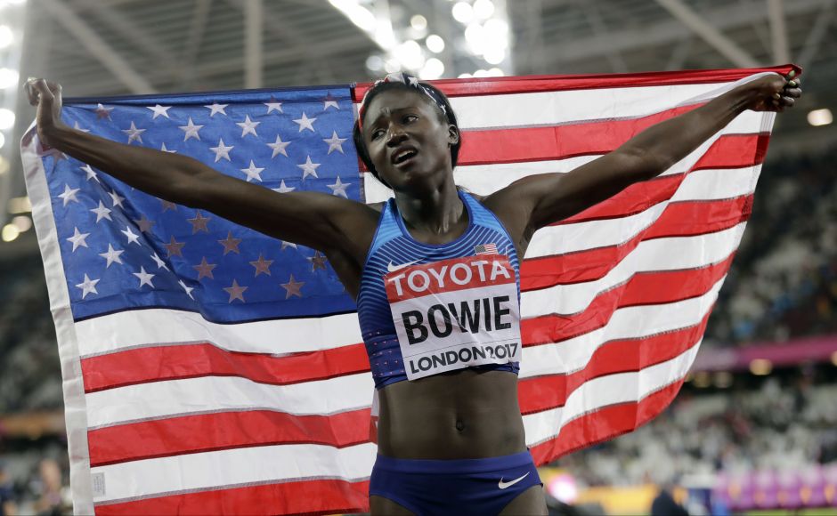 United States' Tori Bowie celebrates after winning the gold medal in the Women's 100m final during the World Athletics Championships in London Sunday. AP United States' Tori Bowie celebrates after winning the gold medal in the Women's 100m final during the World Athletics Championships in London Sunday. AP