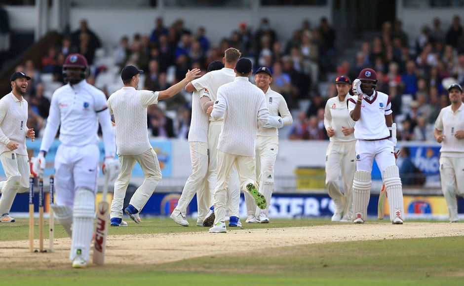 England's Stuart Broad celebrates after his run out of Windies' Kyle Hope during day five of the second Test. AP England's Stuart Broad celebrates after his run out of Windies' Kyle Hope during day five of the second Test. AP