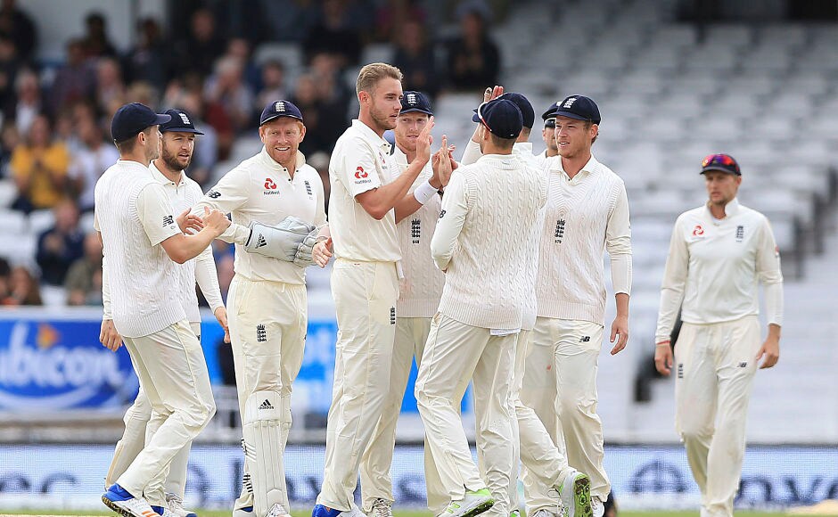 England's Stuart Broad provided the first breakthrough of the day as he got rid of Kieran Powell for 25. AP England's Stuart Broad provided the first breakthrough of the day as he got rid of Kieran Powell for 25. AP