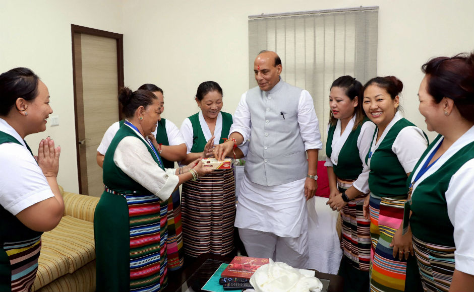 In Delhi, a group of Tibetan women tied rakhi to Home Minister Rajnath Singh at his residence. In a tweet, the home minister also greeted the country on the occasion of Raksha Bandan. PTI In Delhi, a group of Tibetan women tied rakhi to Home Minister Rajnath Singh at his residence. In a tweet, the home minister also greeted the country on the occasion of Raksha Bandan. PTI