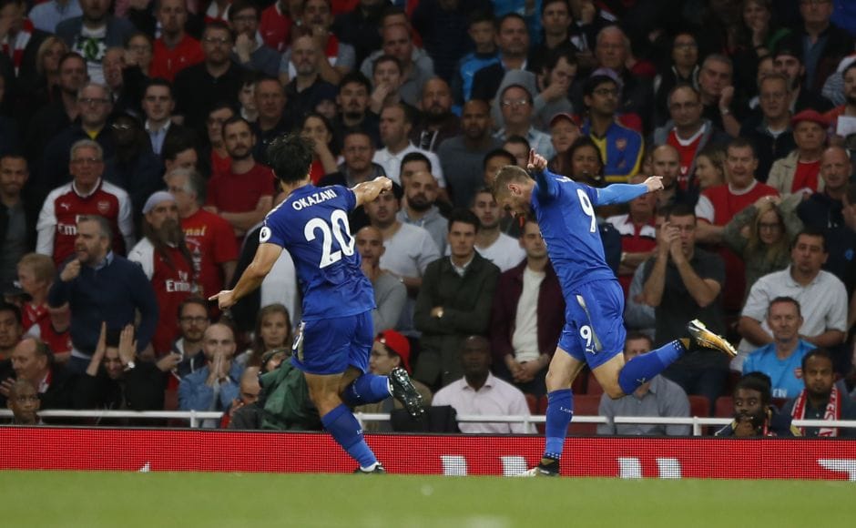 Leicester City's Jamie Vardy, right, celebrates after he scores his sides second goal of the game during their Premier League match. AP Leicester City's Jamie Vardy, right, celebrates after he scores his sides second goal of the game during their Premier League match. AP