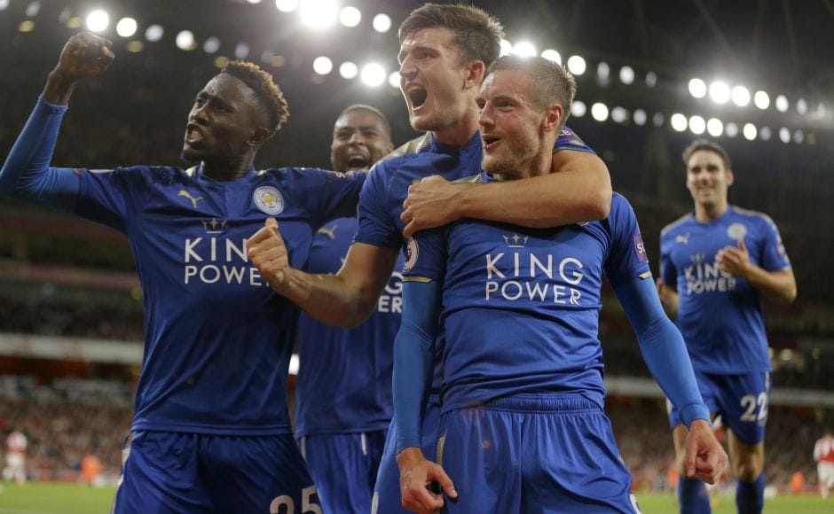 Jamie Vardy scored his second in the 53rd minute to put Leicester in front once more, curling Riyad Mahrez's corner into the bottom far corner amid poor Arsenal marking. Vardy, right, celebrates with teammates after scoring his side's third goal of the game. AP Jamie Vardy scored his second in the 53rd minute to put Leicester in front once more, curling Riyad Mahrez's corner into the bottom far corner amid poor Arsenal marking. Vardy, right, celebrates with teammates after scoring his side's third goal of the game. AP