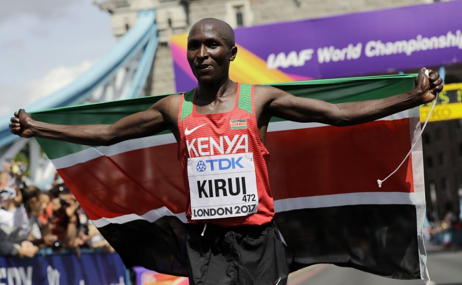 Kenya's Geoffrey Kipkorir Kirui celebrates after winning the gold medal in the Men's Marathon during the World Athletics Championships. AP Kenya's Geoffrey Kipkorir Kirui celebrates after winning the gold medal in the Men's Marathon during the World Athletics Championships. AP