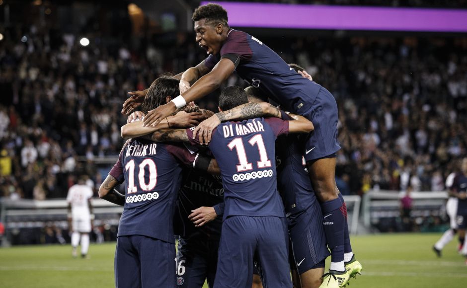 PSG's Presnel Kimpembe, jumps to his team mates, after PSG's Adrien Rabiot scored against Toulouse. Rabiot played a quick one-two with Neymar and drilled in a superb low shot into the bottom left corner from 20 metres out. AP PSG's Presnel Kimpembe, jumps to his team mates, after PSG's Adrien Rabiot scored against Toulouse. Rabiot played a quick one-two with Neymar and drilled in a superb low shot into the bottom left corner from 20 metres out. AP