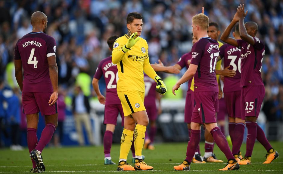 Manchester Citys Ederson Moraes celebrates after the match with Kevin De Bruyne. Reuters Manchester Citys Ederson Moraes celebrates after the match with Kevin De Bruyne. Reuters