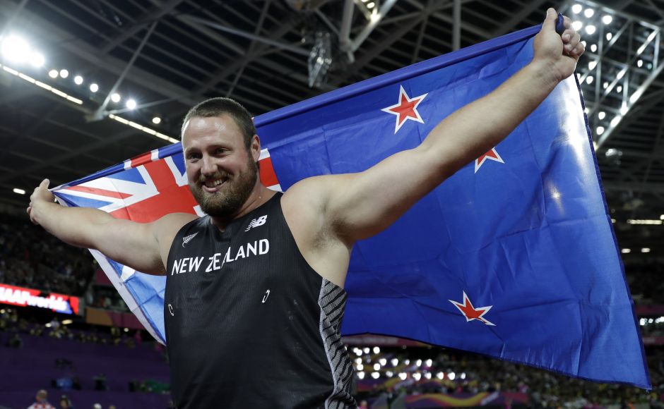 New Zealand's Tomas Walsh celebrates after winning the gold medal in the men's shot put final during the World Athletics Championships in London on Sunday. AP New Zealand's Tomas Walsh celebrates after winning the gold medal in the men's shot put final during the World Athletics Championships in London on Sunday. AP