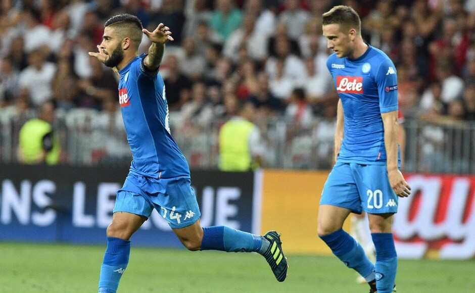 Napoli winger Lorenzo Insigne celebrates his goal which put his side 2-0 up against OGC Nice in France, virtually killing the tie, and helping them qualify for the group-stage of Champions League. Image Courtesy: Twitter @sscnapoli Napoli winger Lorenzo Insigne celebrates his goal which put his side 2-0 up against OGC Nice in France, virtually killing the tie, and helping them qualify for the group-stage of Champions League. Image Courtesy: Twitter @sscnapoli