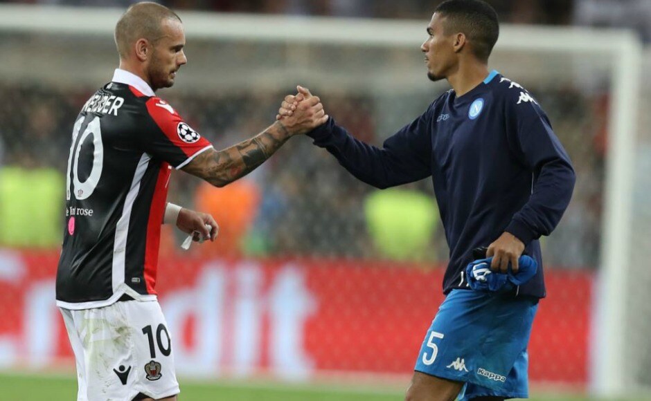 Dutch midfield maestro Wesley Sneijder made his European debut for new club OGC Nice, but was left disappointed as his side lost 2-0 to Napoli. Image Courtesy: Twitter @ChampionsLeague Dutch midfield maestro Wesley Sneijder made his European debut for new club OGC Nice, but was left disappointed as his side lost 2-0 to Napoli. Image Courtesy: Twitter @ChampionsLeague