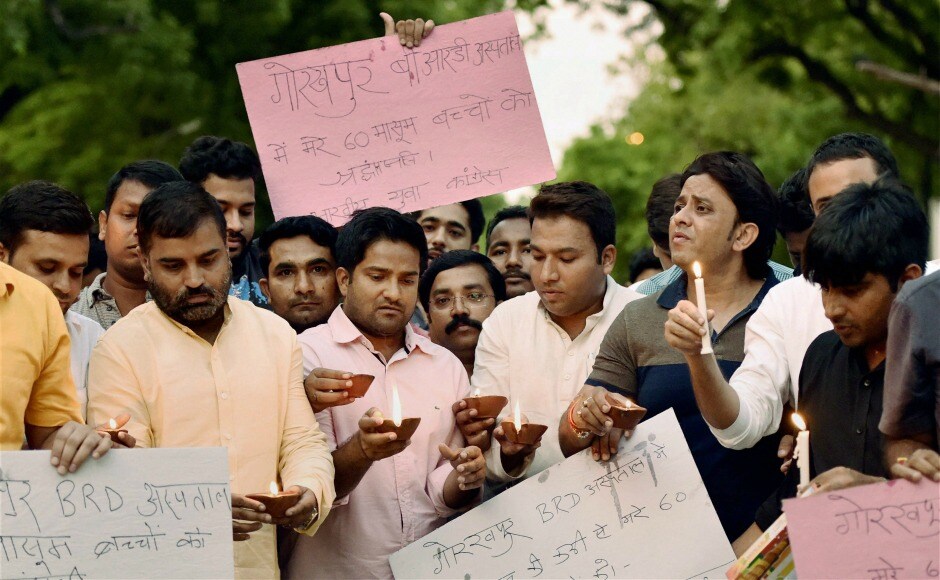 The Indian Express reported that Gorakhpur has seen at least 114 deaths due to Acute Encephalitis Syndrome (AES) in 2017. On Saturday, Youth Congress workers also took out a candle-light march to commemorate the incident on Saturday. PTI The Indian Express reported that Gorakhpur has seen at least 114 deaths due to Acute Encephalitis Syndrome (AES) in 2017. On Saturday, Youth Congress workers also took out a candle-light march to commemorate the incident on Saturday. PTI