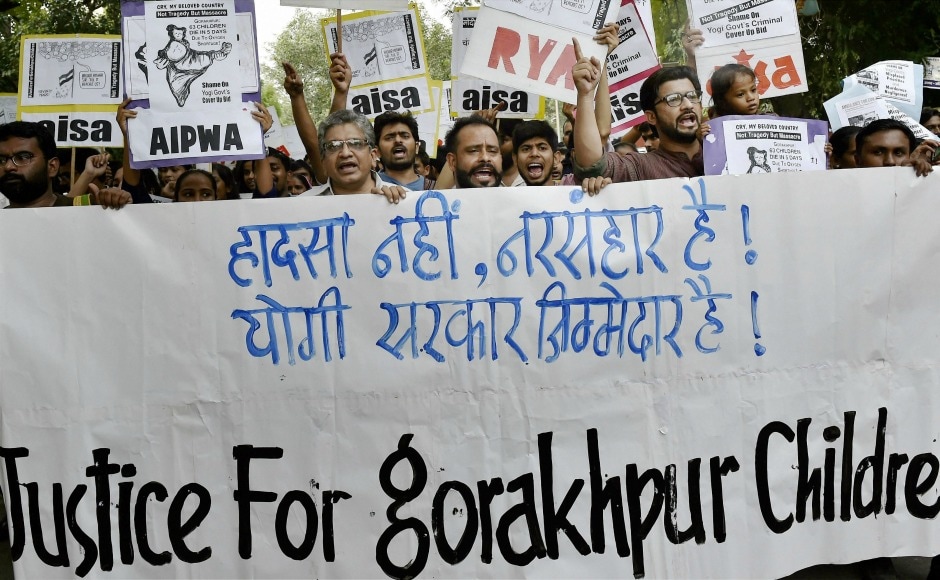 On Sunday, students of All India Students Association (AISA) shout slogans as they take out a protest against the UP government over the Gorakhpur hospital incident. In a shocking incident on Friday, 30 children in Uttar Pradesh's Gorakhpur district died in a span of 48 hours at Baba Raghav Das Medical College. PTI On Sunday, students of All India Students Association (AISA) shout slogans as they take out a protest against the UP government over the Gorakhpur hospital incident. In a shocking incident on Friday, 30 children in Uttar Pradesh's Gorakhpur district died in a span of 48 hours at Baba Raghav Das Medical College. PTI
