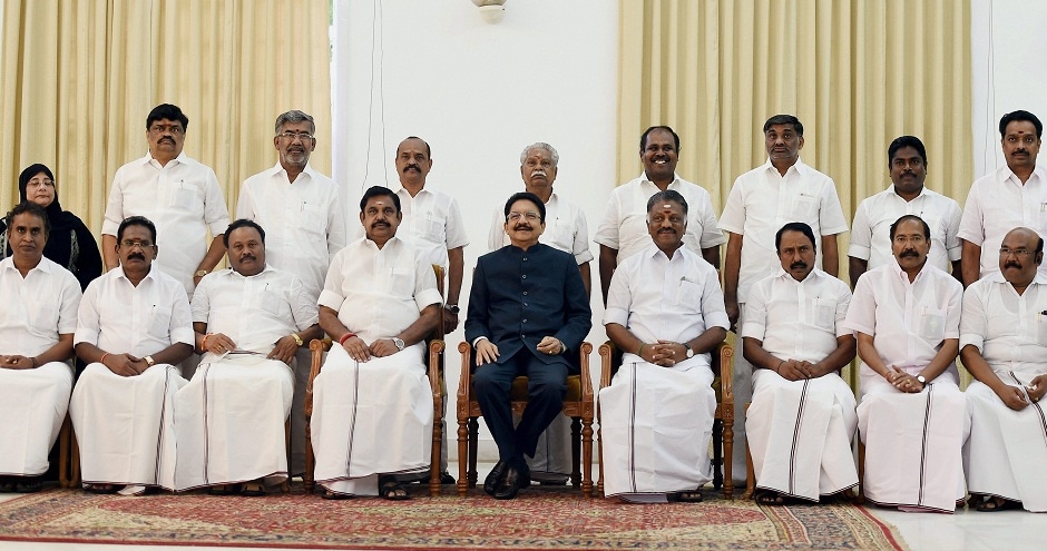 Governor CH Vidyasagar Rao and Chief Minister K Palaniswamy with newly sworn-in Dy CM O Panneerselvam and new ministers at Raj Bhavan in Chennai on Monday. VK Sasikala's removal seems to be on the cards as prior to the merger announcement, the Palaniswamy faction was expected to pass a resolution against the AIADMK general secretary. Governor CH Vidyasagar Rao and Chief Minister K Palaniswamy with newly sworn-in Dy CM O Panneerselvam and new ministers at Raj Bhavan in Chennai on Monday. VK Sasikala's removal seems to be on the cards as prior to the merger announcement, the Palaniswamy faction was expected to pass a resolution against the AIADMK general secretary.