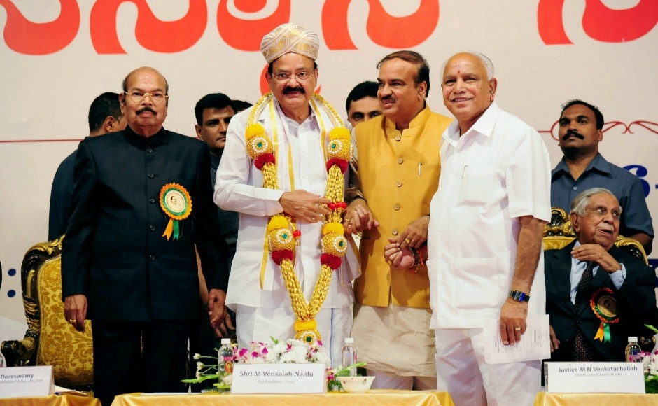 Vice-President-elect M Venkaiah Naidu was on Sunday felicitated in Bengaluru by Union parliamentry affairs minister Ananth Kumar, Karnataka BJP president BS Yeddyurappa and DV Sadananda Gowda. PTI Vice-President-elect M Venkaiah Naidu was on Sunday felicitated in Bengaluru by Union parliamentry affairs minister Ananth Kumar, Karnataka BJP president BS Yeddyurappa and DV Sadananda Gowda. PTI