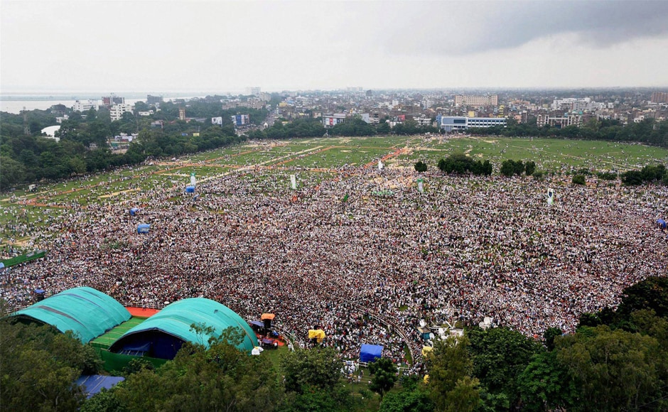 Aerial view of RJD's rally 'BJP <em>Bhagao, Desh Bachao</em>'. A large number of people assembled at the rally despite floods affecting major parts of Seemanchal, Koshi and Mithilanchal regions of north Bihar. Elaborate security arrangements were also made with a total of 64 CCTV cameras have been installed. PTI Aerial view of RJD's rally 'BJP <em>Bhagao, Desh Bachao</em>'. A large number of people assembled at the rally despite floods affecting major parts of Seemanchal, Koshi and Mithilanchal regions of north Bihar. Elaborate security arrangements were also made with a total of 64 CCTV cameras have been installed. PTI