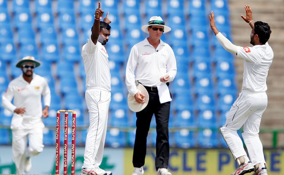 Sri Lanka's comeback was started by Malinda Pushpakumara, who accounted for both the Indian openers. Reuters Sri Lanka's comeback was started by Malinda Pushpakumara, who accounted for both the Indian openers. Reuters