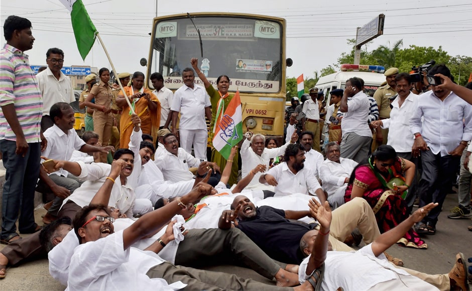 Cadres of Congress' Tamil Nadu unit led by its chief Su Thirunavukkarasar on Saturday blocked the road near Valluvar Kottam in Chennai to protest against the attack on Rahul Gandhi. They squatted on the road in protest and raised slogans against the attack, demanding action against those behind it. PTI Cadres of Congress' Tamil Nadu unit led by its chief Su Thirunavukkarasar on Saturday blocked the road near Valluvar Kottam in Chennai to protest against the attack on Rahul Gandhi. They squatted on the road in protest and raised slogans against the attack, demanding action against those behind it. PTI