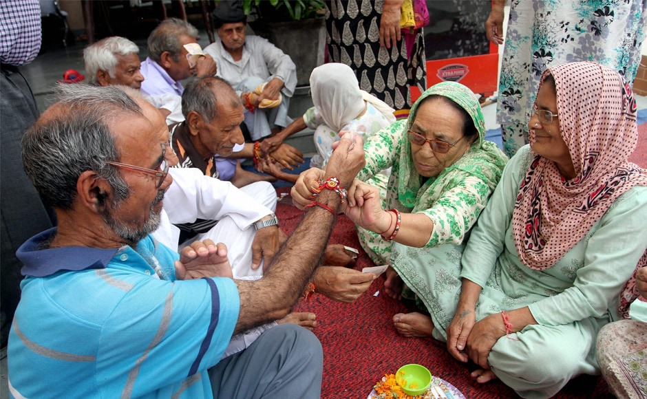 Women residing in an old age home tie rakhis to men on Raksha Bandhan, in Jammu on Monday. The festival is celebrated on the full moon day in the Hindu month of Shravana. PTI Women residing in an old age home tie rakhis to men on Raksha Bandhan, in Jammu on Monday. The festival is celebrated on the full moon day in the Hindu month of Shravana. PTI