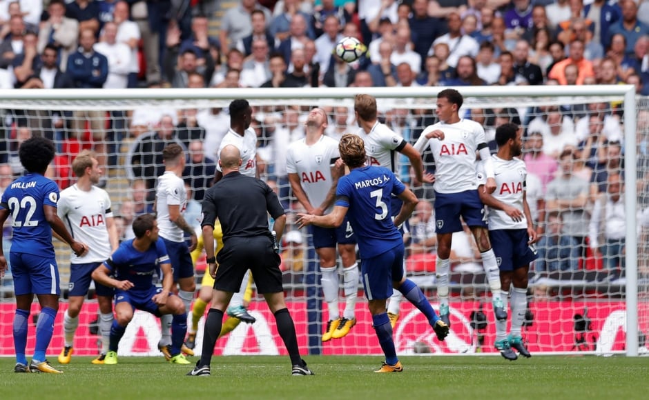 Chelsea's Marcos Alonso gave his side the lead in the 24th minute of the London Derby with a stunning freekick into the top left corner. A despairing dive from Tottenham goalkeeper Hugo Lloris wasn't enough to stop the ball-curling away from him. Reuters Chelsea's Marcos Alonso gave his side the lead in the 24th minute of the London Derby with a stunning freekick into the top left corner. A despairing dive from Tottenham goalkeeper Hugo Lloris wasn't enough to stop the ball-curling away from him. Reuters