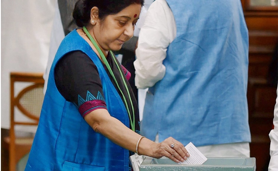 External Affairs Minister Sushma Swaraj casting her vote in the Vice Presidential election, in New Delhi on Saturday. 98.21 percent of<br />members of Parliament exercised their franchise, with 771 MPs out of 785 MPs voting. PTI External Affairs Minister Sushma Swaraj casting her vote in the Vice Presidential election, in New Delhi on Saturday. 98.21 percent of<br />members of Parliament exercised their franchise, with 771 MPs out of 785 MPs voting. PTI