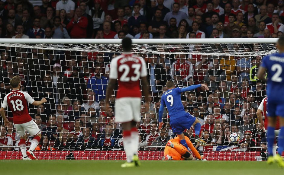 England striker Jamie Vardy put Leicester 2-1 ahead just before the half hour, darting into the box to rifle another fine Marc Albrighton cross past Petr Cech. AP England striker Jamie Vardy put Leicester 2-1 ahead just before the half hour, darting into the box to rifle another fine Marc Albrighton cross past Petr Cech. AP