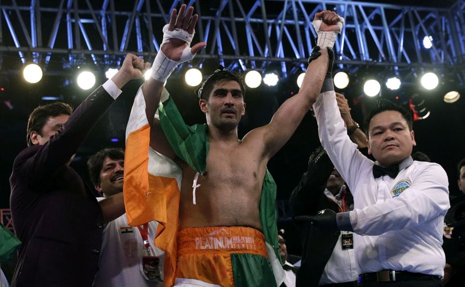 Boxer Vijender Singh successfully defended his WBO Asia Pacific Super Middleweight title against against China's Zulpikar Maimaitiali at the National Sports Club of India in Mumbai. AP Boxer Vijender Singh successfully defended his WBO Asia Pacific Super Middleweight title against against China's Zulpikar Maimaitiali at the National Sports Club of India in Mumbai. AP