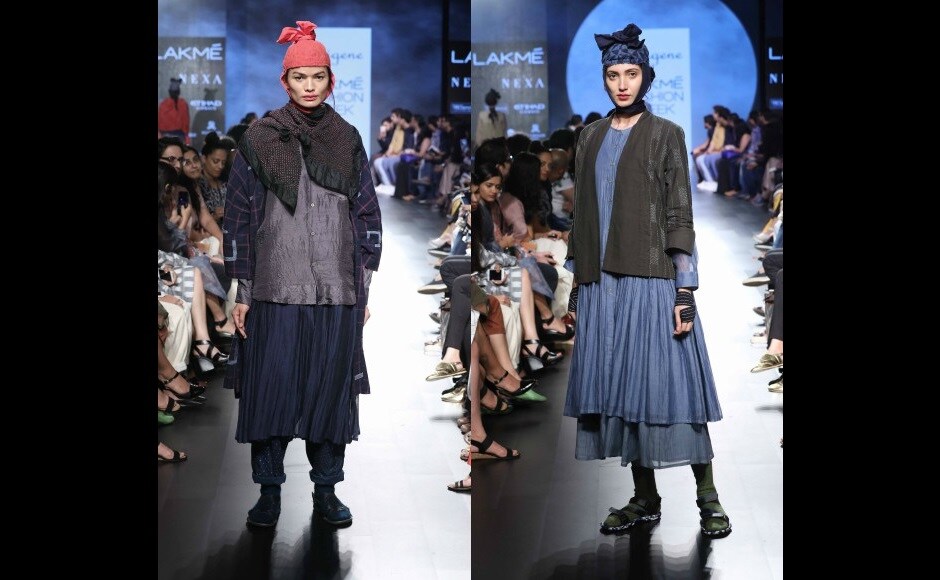 The Indigene label by Ruchi Tripathi and Jaya Bhatt had a mix of traditional as well as western silhouettes. The fabric list included Khadi silk, cotton and Chanderi, which were either turned into fluid, easy, relaxed, unconventional, silhouettes as well as used in blends or as, patched accents. The Indigene label by Ruchi Tripathi and Jaya Bhatt had a mix of traditional as well as western silhouettes. The fabric list included Khadi silk, cotton and Chanderi, which were either turned into fluid, easy, relaxed, unconventional, silhouettes as well as used in blends or as, patched accents.