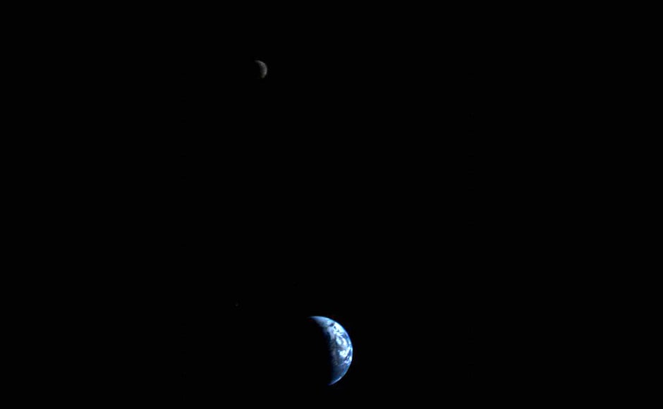 The Earth and the Moon, the first such image taken by a spacecraft. Image: NASA. The Earth and the Moon, the first such image taken by a spacecraft. Image: NASA.