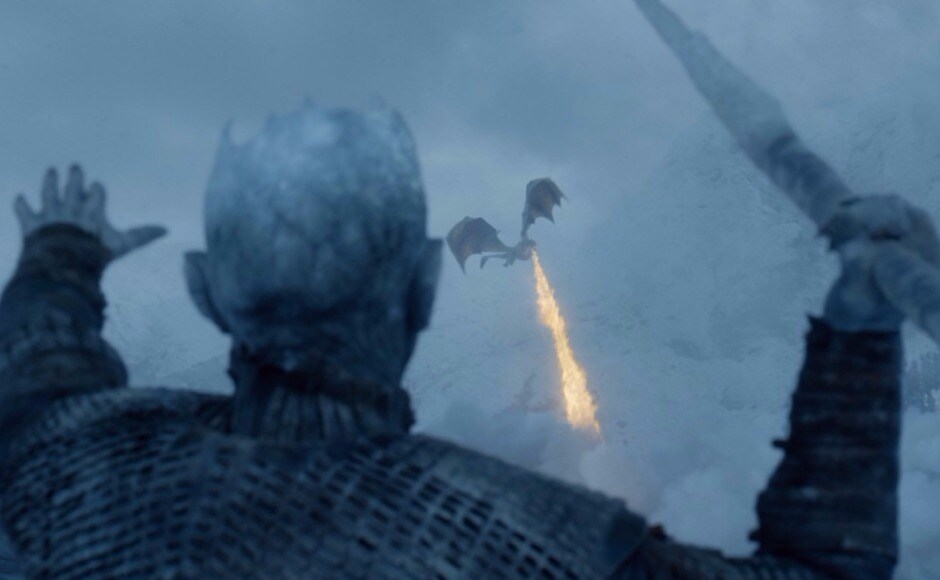 The Night King decides the dragons have wreaked enough damage, takes his icy javelin, and hurls it at Viserion's breast, felling the poor beast. Image via HBO The Night King decides the dragons have wreaked enough damage, takes his icy javelin, and hurls it at Viserion's breast, felling the poor beast. Image via HBO