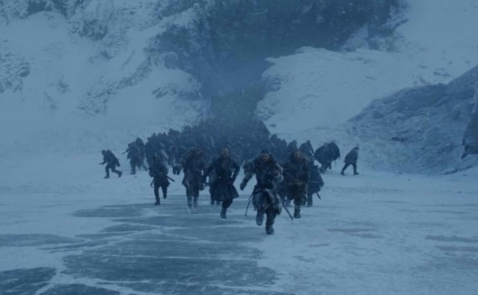 Jon and the gang makes run for it. Image via HBO Jon and the gang makes run for it. Image via HBO