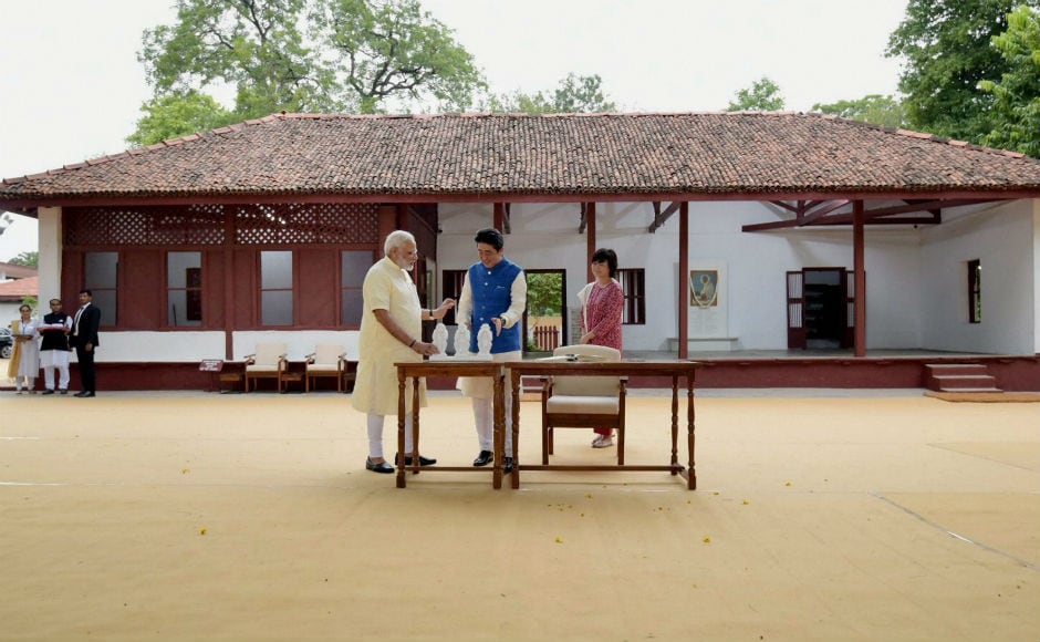 Abe wrote a short message in Japanese – “Love and Thanks” – on the visitors’ log book at the ashram. The two leaders also visited the 16th century Sidi Saiyyed Ni Jaali, an ancient mosque known across the world for its intricate stone lattice work. PTI Abe wrote a short message in Japanese – “Love and Thanks” – on the visitors’ log book at the ashram. The two leaders also visited the 16th century Sidi Saiyyed Ni Jaali, an ancient mosque known across the world for its intricate stone lattice work. PTI