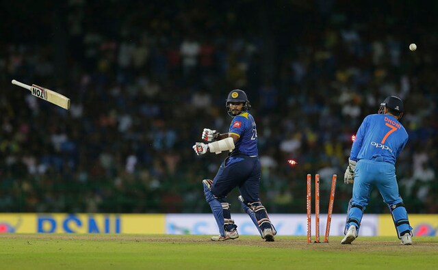 Dilshan Munaweera loses his bat as he is bowled by India's Kuldeep Yadav. He scored 53 of just 29 balls. AP Dilshan Munaweera loses his bat as he is bowled by India's Kuldeep Yadav. He scored 53 of just 29 balls. AP