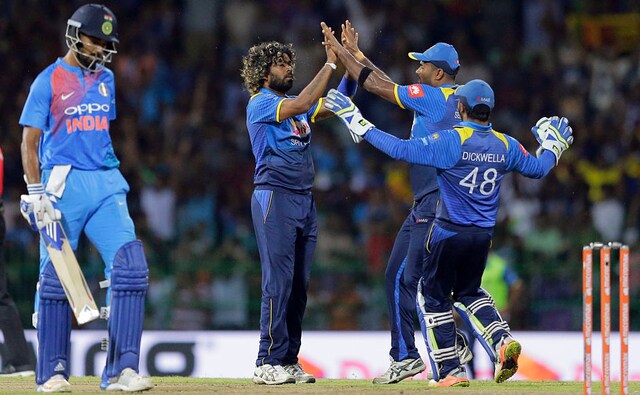 Lasith Malinga celebrates the wicket of opener Rohit Sharma. AP Lasith Malinga celebrates the wicket of opener Rohit Sharma. AP