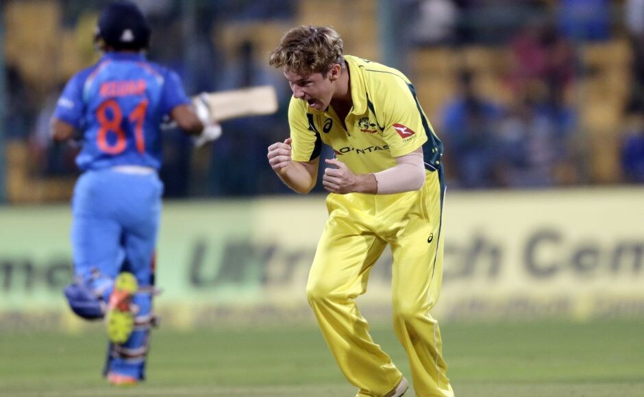 Adam Zampa celebrates Hardik Pandya's wicket. India were in it until the game was suspended because of a shower when they lost their momentum. AP David Warner smashes sparkling century in 100th ODI to end Australia's losing streak