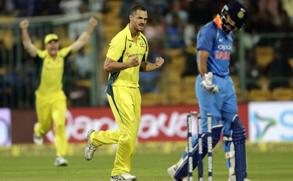 Virat Kohli played on off Coulter-Nile in the 25th over as India was reduced to 147-3. AP David Warner smashes sparkling century in 100th ODI to end Australia's losing streak