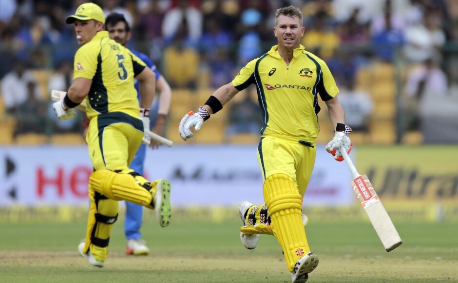 It was a chanceless partnership as Indian fielders looked short of energy. Warner reached his half-century off 45 balls, and Finch too followed his hundred in Indore with his 17th ODI half-century off 65 balls. The duo continued plundering at ease as for once the Indian spinners proved expensive as well. AP David Warner smashes sparkling century in 100th ODI to end Australia's losing streak