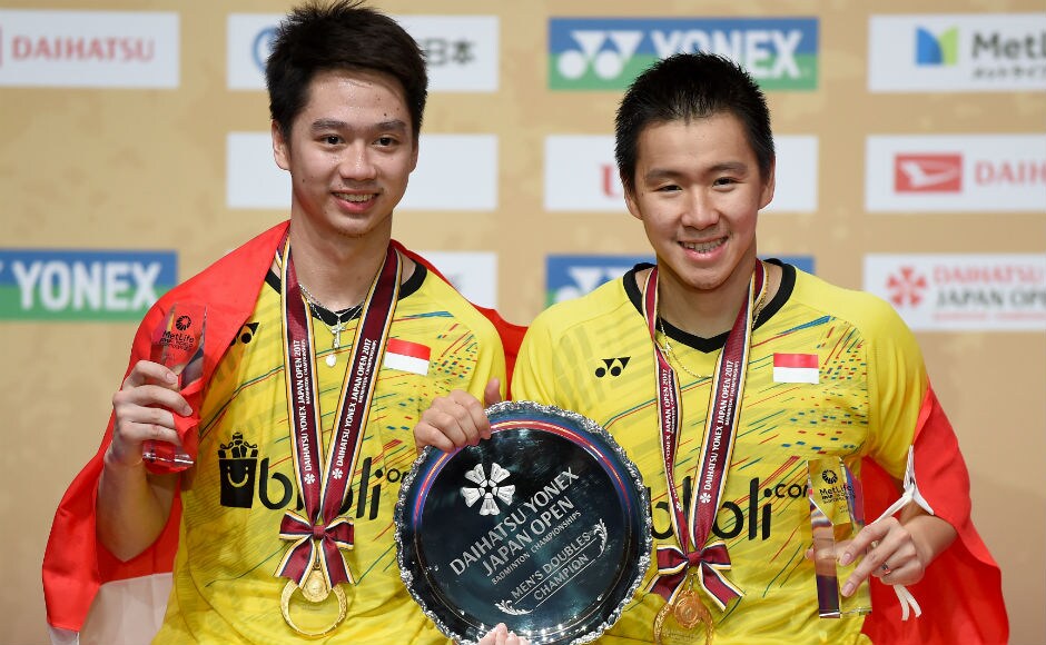Indonesia's Kevin Sanjaya Sukamuljo (L) and Marcus Feraidi Gideon (R) claimed their fourth Superseries title of 2017 after a straight-game win over Japan's Takuto Inoue and Yuki Kaneko in the men's doubles final. AFP Viktor Axelsen, Carolina Marin win singles titles at Japan Open Superseries