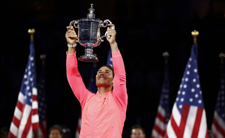 Rafael Nadal, of Spain, holds up the championship trophy after beating Kevin Anderson, of South Africa, in the men's singles final of the US Open. Nadal won 6-3, 6-3, 6-4 in a masterclass of a performance. AP Rafael Nadal, of Spain, holds up the championship trophy after beating Kevin Anderson, of South Africa, in the men's singles final of the US Open. Nadal won 6-3, 6-3, 6-4 in a masterclass of a performance. AP