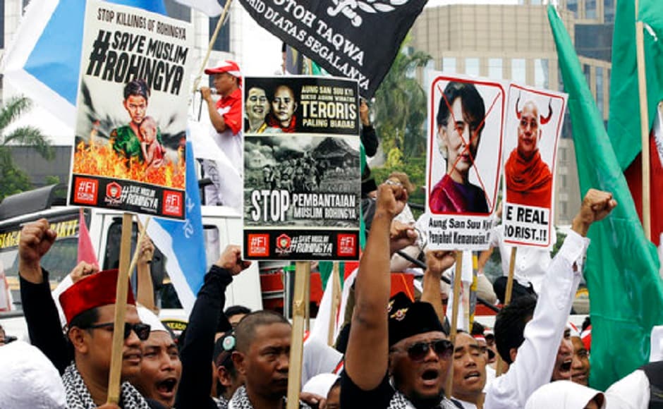 Protesters have been criticising Nobel Peace Prize laureate and Myanmar's de facto leader Aung San Suu Kyi and demanding her Noble prize to be revoked. AP Indonesians flood the streets of Jakarta in support of Rohingya refugees