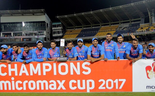 India completed a 9-0 sweep over Sri Lanka with a 7-wicket win in one-off T20 on Wednesday. Here, members of Indian cricket team pose for photographers with the winners' trophy after winning their only T20 against Sri Lanka. AP India completed a 9-0 sweep over Sri Lanka with a 7-wicket win in one-off T20 on Wednesday. Here, members of Indian cricket team pose for photographers with the winners' trophy after winning their only T20 against Sri Lanka. AP