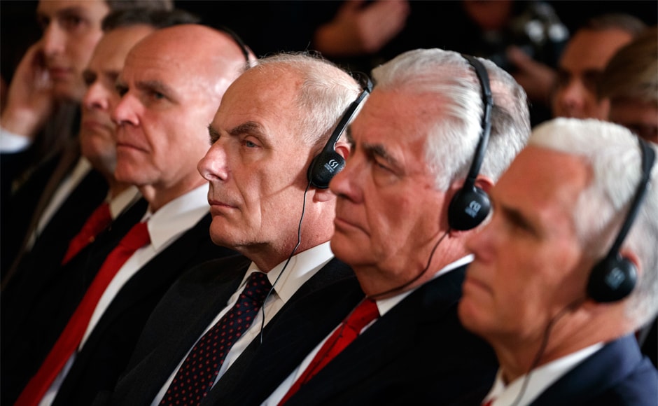 White House chief of staff John Kelly, third from right, listens during the press conference. Trump said he appreciated the emir's thus-far unsuccessful bid to end the dispute between Qatar and Saudi Arabia, the United Arab Emirates, Bahrain and Egypt. AP White House chief of staff John Kelly, third from right, listens during the press conference. Trump said he appreciated the emir's thus-far unsuccessful bid to end the dispute between Qatar and Saudi Arabia, the United Arab Emirates, Bahrain and Egypt. AP
