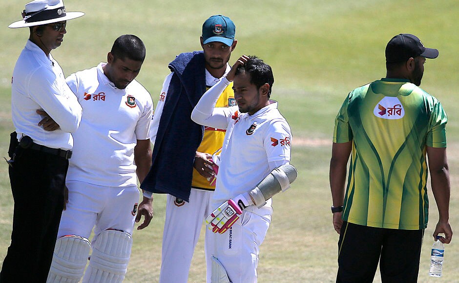 Bangladesh's captain Mushfiqur Rahim required some medical assistance, after the batsman was hit near his temple area by a short delivery by South Africa's Duanne Olivier. AFP Kagiso Rabada's 10-wicket haul humbles Bangladesh Tigers, helping South Africa achieve biggest Test win