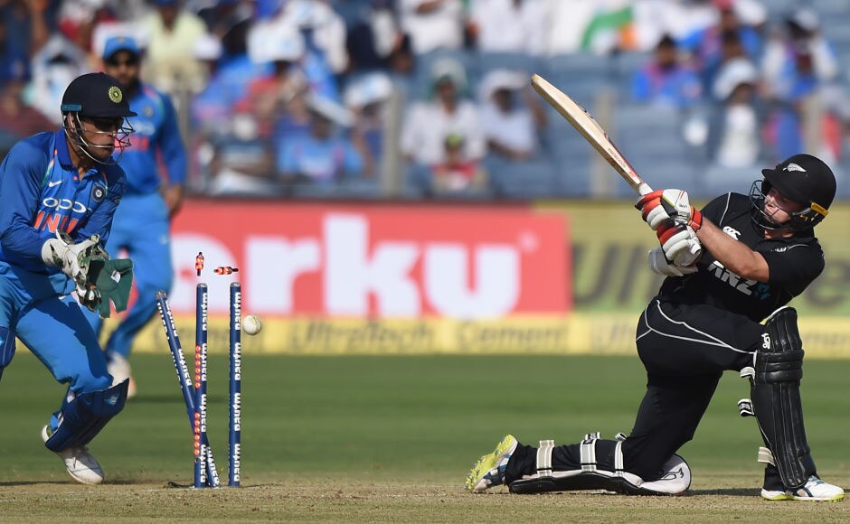 Star with the bat in the first ODI, Tom Latham, didn't quite got going as he bowled round his legs by Axar Patel for 38. AFP Star with the bat in the first ODI, Tom Latham, didn't quite got going as he bowled round his legs by Axar Patel for 38. AFP