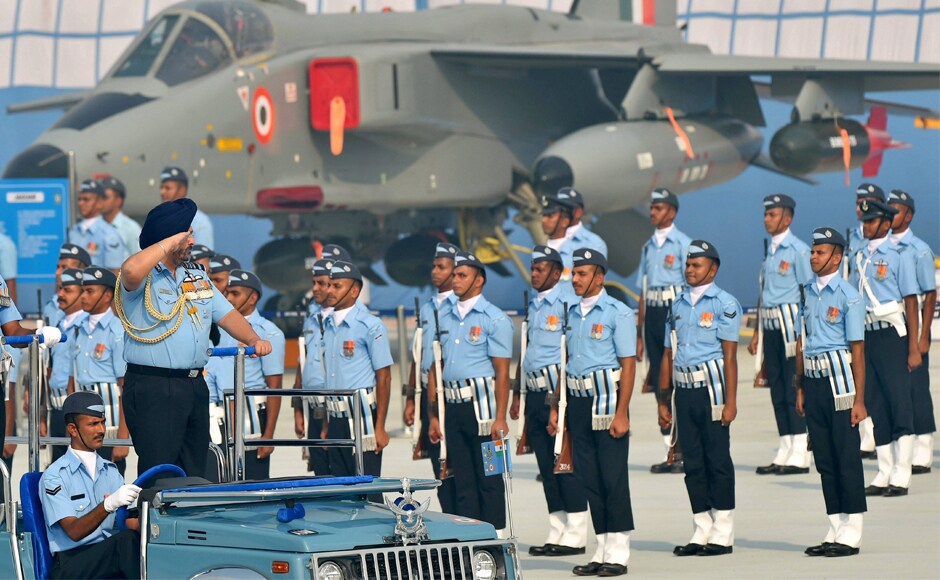 Air Chief Marshal BS Dhanoa inspects guard of honour during the 85th Air Force Day parade. PTI Stellar show adorns the skies at IAF's 85th Air Force Day parade in Ghaziabad