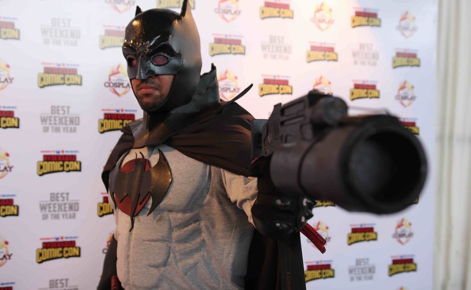 A participant dressed as Batman for comic con.