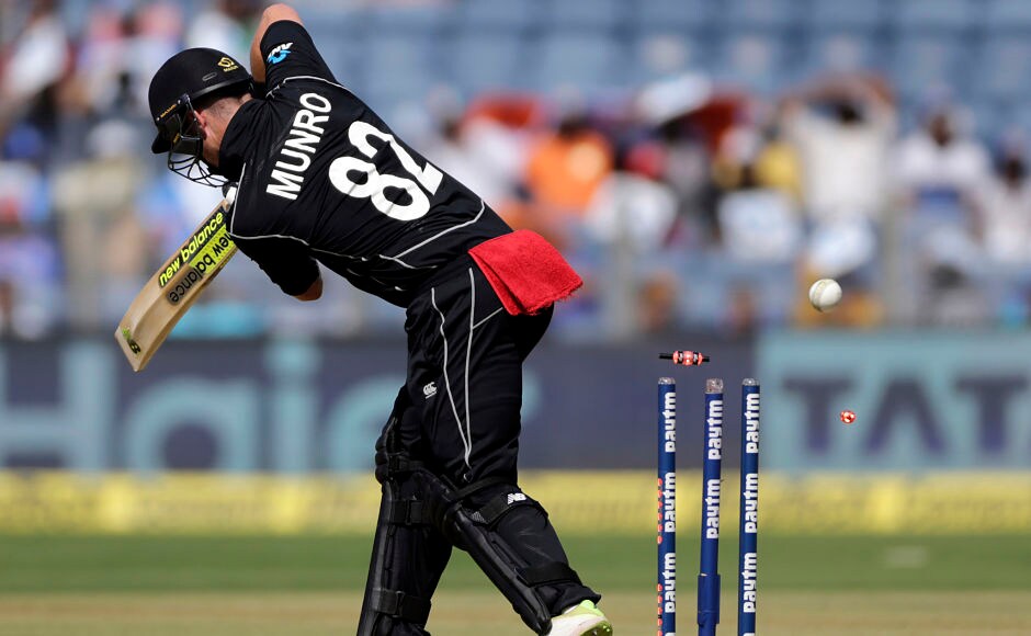 New Zealand opener Colin Munro was outwitted by Bhuvneshwar Kumar's knuckle ball when he was dismissed for 10. AP New Zealand opener Colin Munro was outwitted by Bhuvneshwar Kumar's knuckle ball when he was dismissed for 10. AP