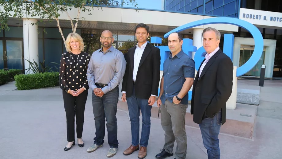 Intel data center chief Diane Bryant, with Nervana Co-Founders Naveen Rao, Arjun Bansal, Amit Khosrowshahi, and Intel VP Jason Waxman. Image credit: Intel